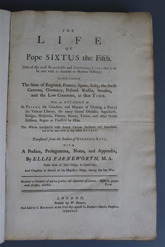 Leti, Gregorio - The Life of Pope Sixtus the Fifth..., 1st English translation, folio, contemporary calf,